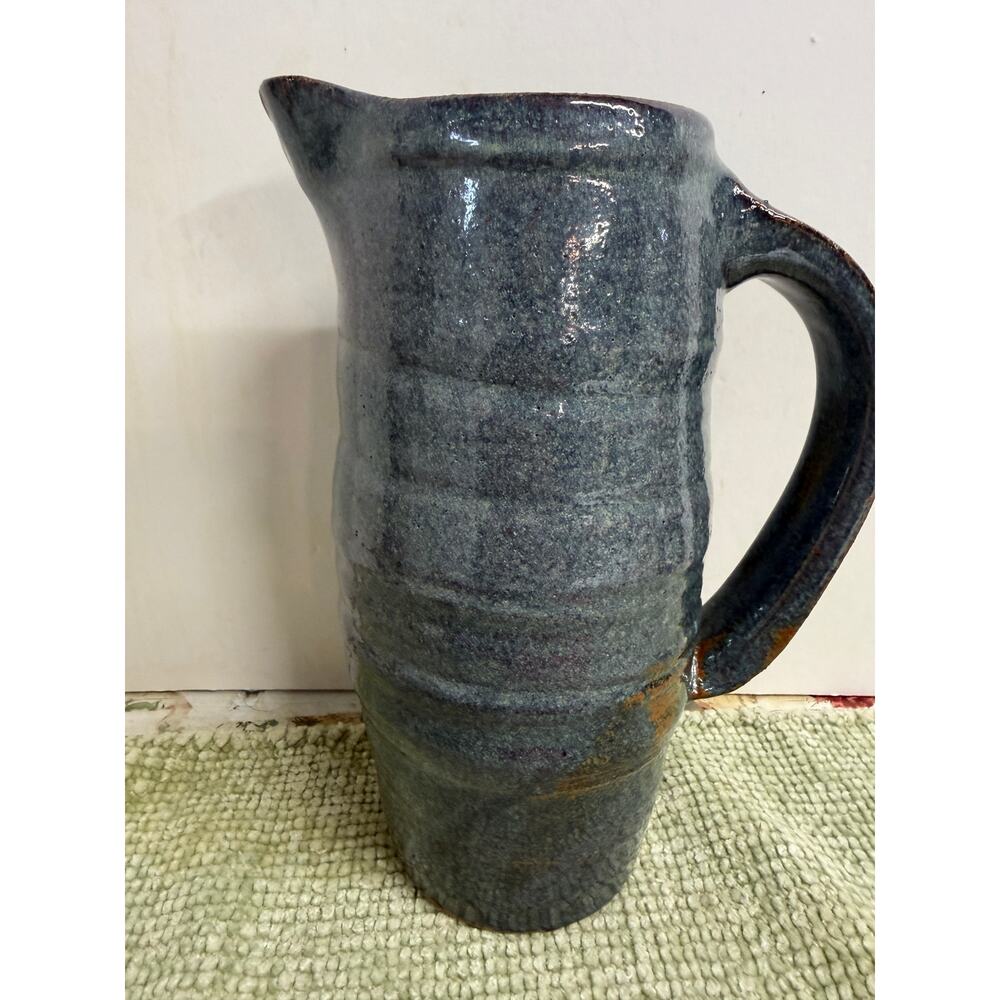 Studio Pottery Pitcher Signed Asian Mark Blue Gray Glaze Handmade